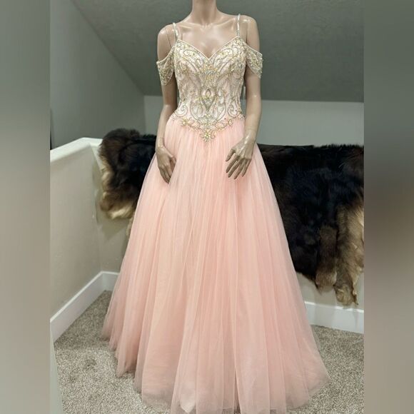 Gorgeous Blush Pink Princess Style Embellished Off-shoulder Tulle Ballgown - Picture 1 of 17